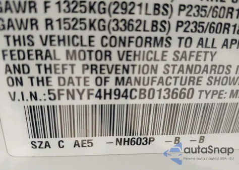 2012 Honda Pilot Touring z USA, uszkodzony, nr VIN 5FNYF4H94CB013660